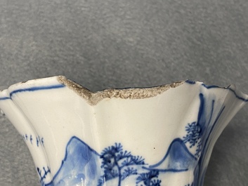 A Chinese blue and white five-piece 'landscape' garniture, Kangxi